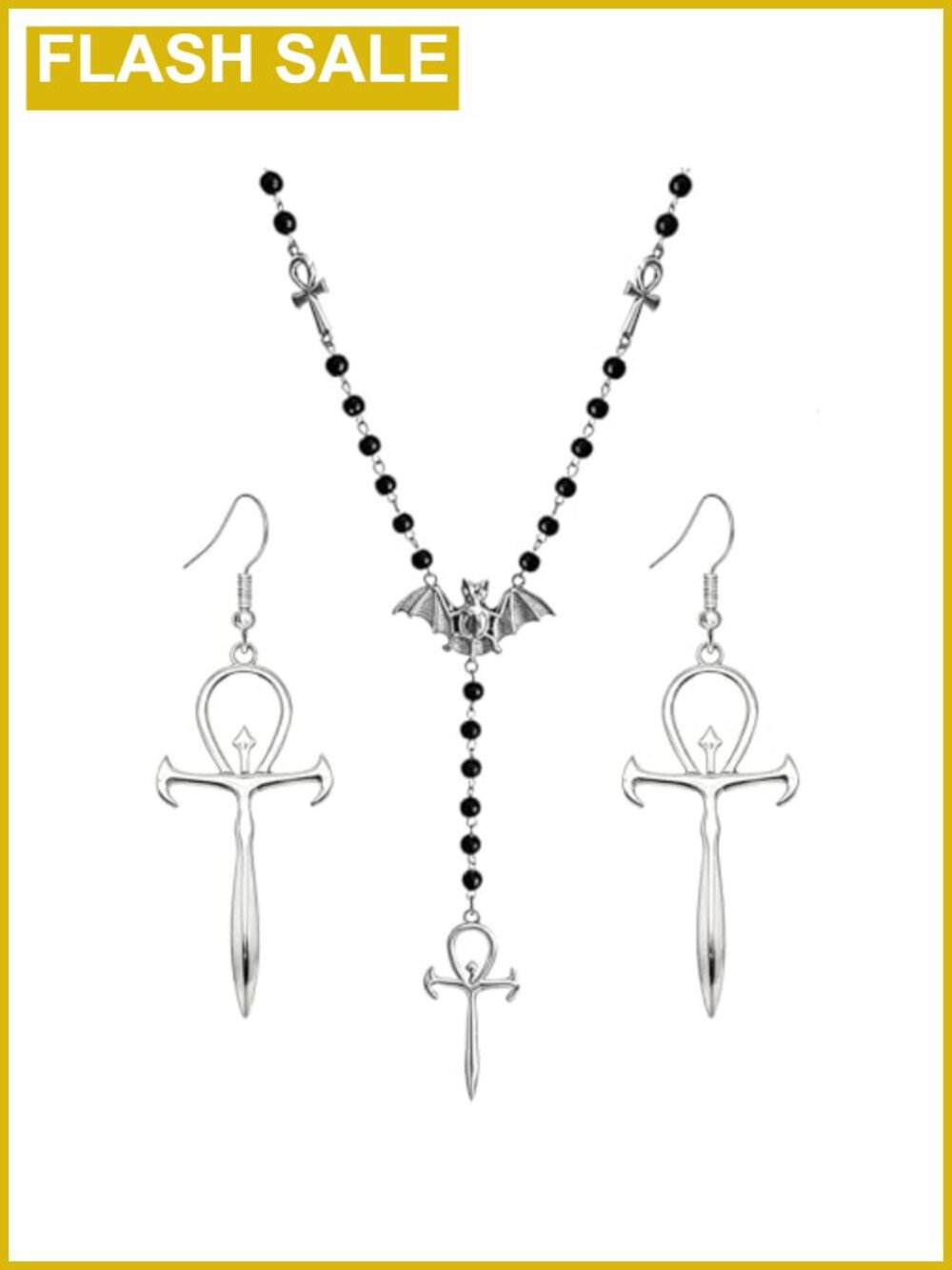 Gothic Bat & Ankh Rosary Necklace Earrings Set with Beads